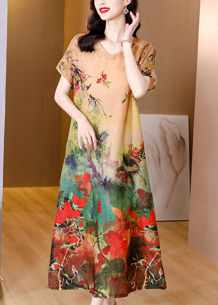 Modern Multi O-Neck Print Linen Dresses Short Sleeve
