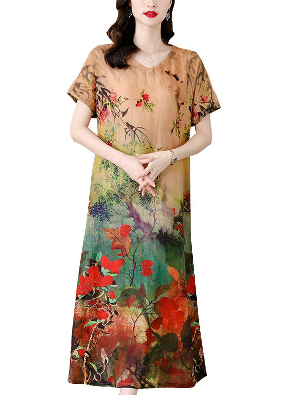 Modern Multi O-Neck Print Linen Dresses Short Sleeve - Omychic