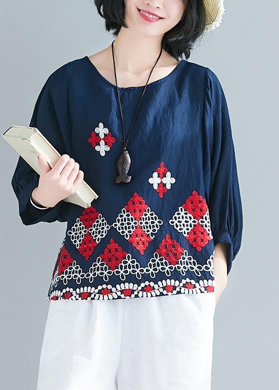 Modern Navy Embroideried Half Sleeve Cotton Linen Top Summer - Omychic