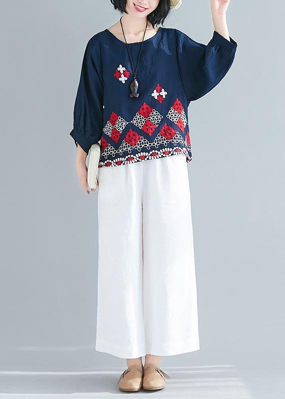 Modern Navy Embroideried Half Sleeve Cotton Linen Top Summer - Omychic