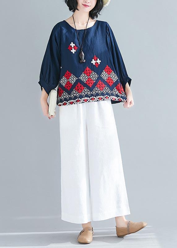 Modern Navy Embroideried Half Sleeve Cotton Linen Top Summer - Omychic