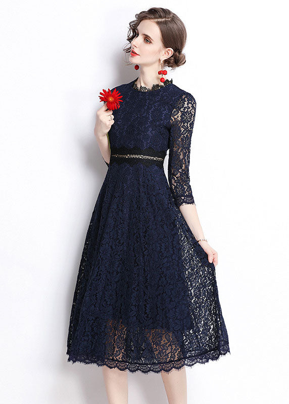 Modern Navy Embroideried Hollow Out Lace Long Dresses Bracelet Sleeve