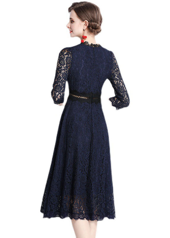 Modern Navy Embroideried Hollow Out Lace Long Dresses Bracelet Sleeve
