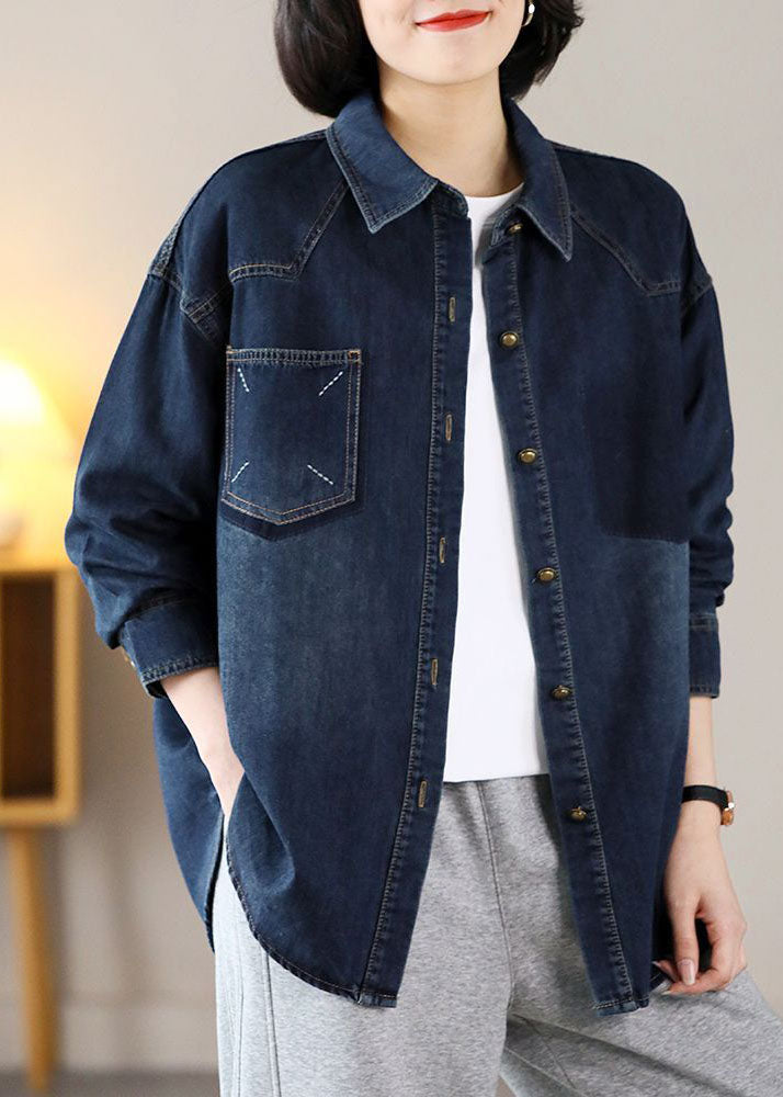 Modern Navy Oversized Embroideried Warm Fleece Denim Jackets Spring