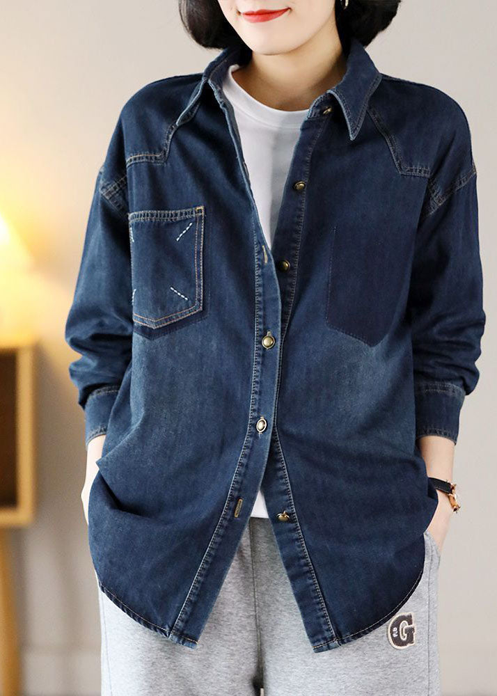 Modern Navy Oversized Embroideried Warm Fleece Denim Jackets Spring