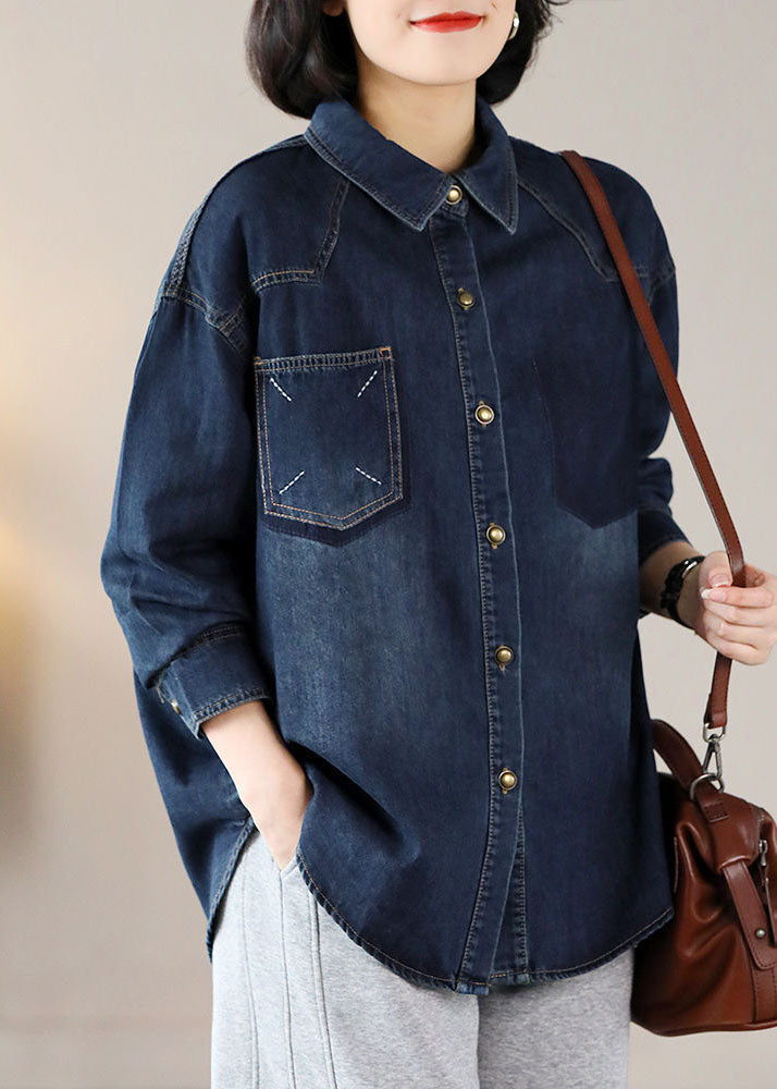 Modern Navy Oversized Embroideried Warm Fleece Denim Jackets Spring