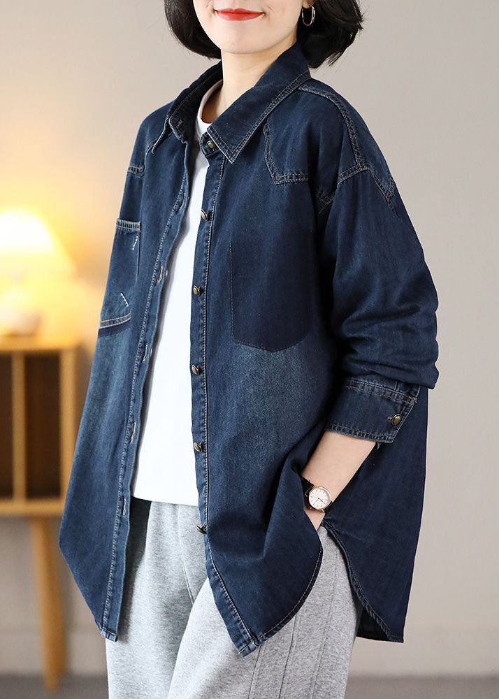 Modern Navy Oversized Embroideried Warm Fleece Denim Jackets Spring