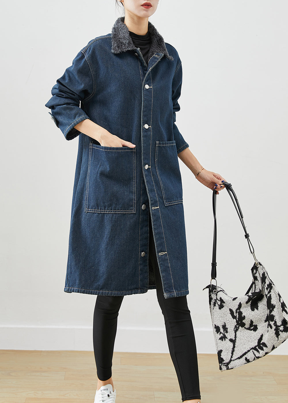 Modern Navy Peter Pan Collar Pockets Warm Fleece Denim Coats Winter