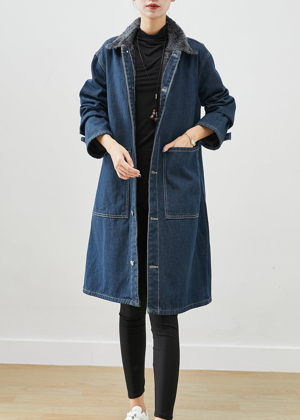 Modern Navy Peter Pan Collar Pockets Warm Fleece Denim Coats Winter