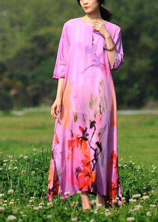 Modern O Neck Half Sleeve Summer Tunic Dress Pink Print Long Dress - Omychic