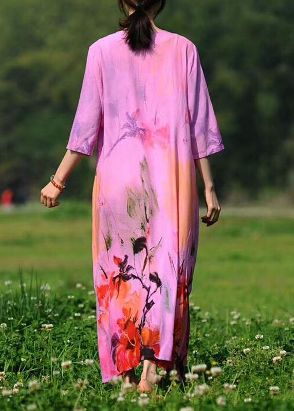 Modern O Neck Half Sleeve Summer Tunic Dress Pink Print Long Dress - Omychic