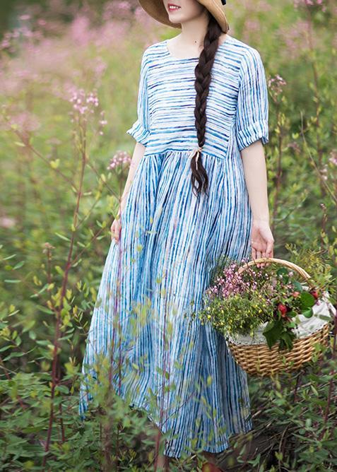 Modern O Neck Patchwork Summer Dress Sewing Blue Striped Maxi Dresses - Omychic