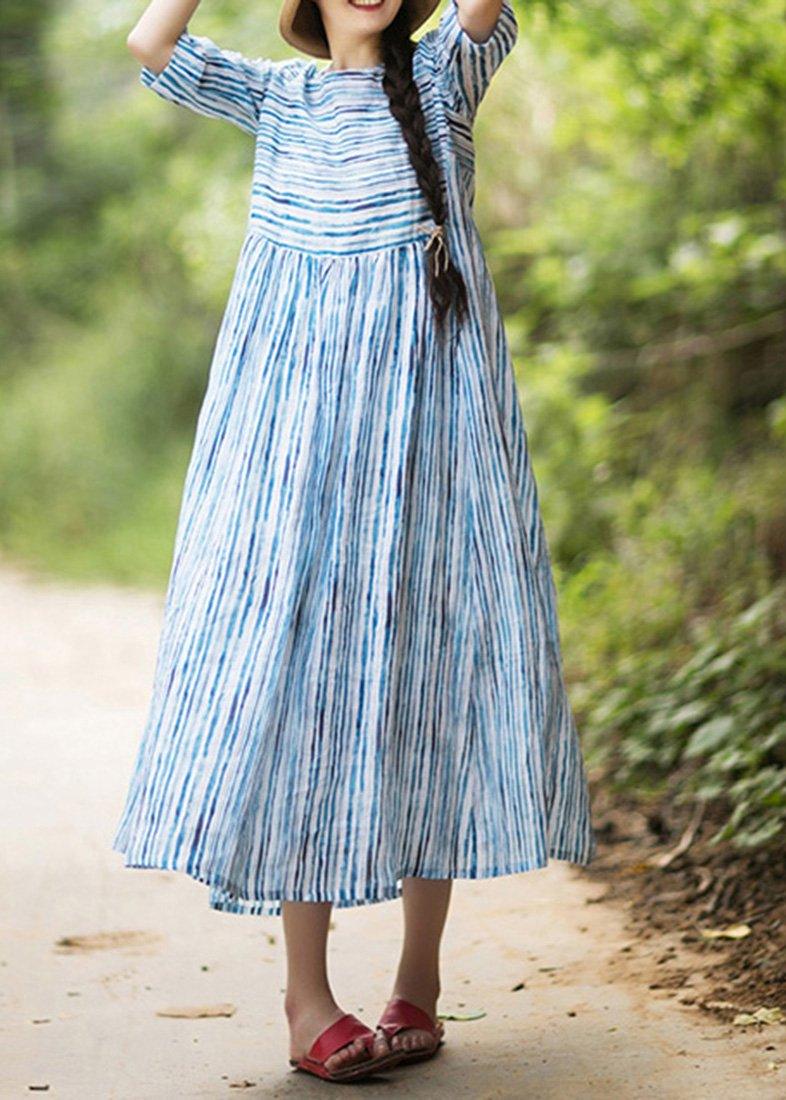 Modern O Neck Patchwork Summer Dress Sewing Blue Striped Maxi Dresses - Omychic