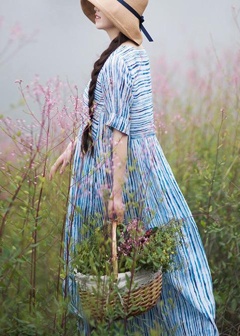 Modern O Neck Patchwork Summer Dress Sewing Blue Striped Maxi Dresses - Omychic