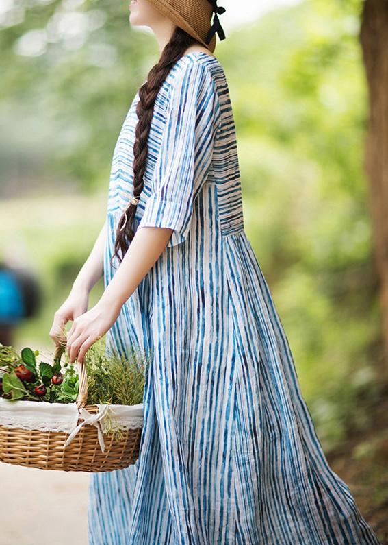 Modern O Neck Patchwork Summer Dress Sewing Blue Striped Maxi Dresses - Omychic