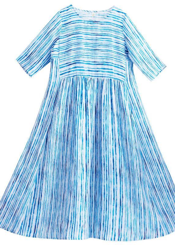 Modern O Neck Patchwork Summer Dress Sewing Blue Striped Maxi Dresses - Omychic