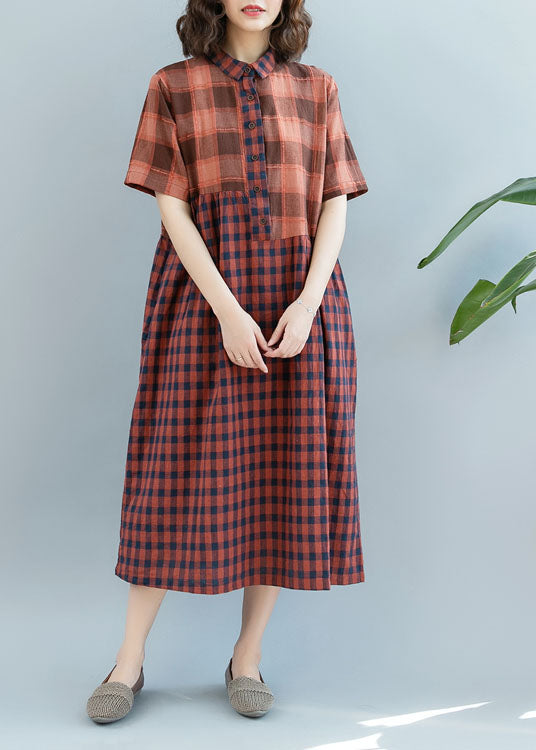 Modern Orange Coffee Wrinkled Patchwork Plaid Cotton Linen Dress Short Sleeve