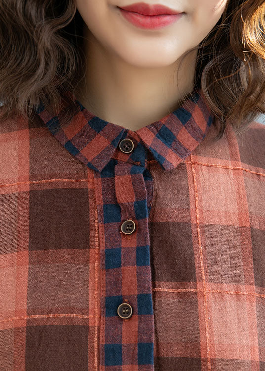 Modern Orange Coffee Wrinkled Patchwork Plaid Cotton Linen Dress Short Sleeve