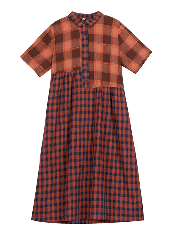 Modern Orange Coffee Wrinkled Patchwork Plaid Cotton Linen Dress Short Sleeve