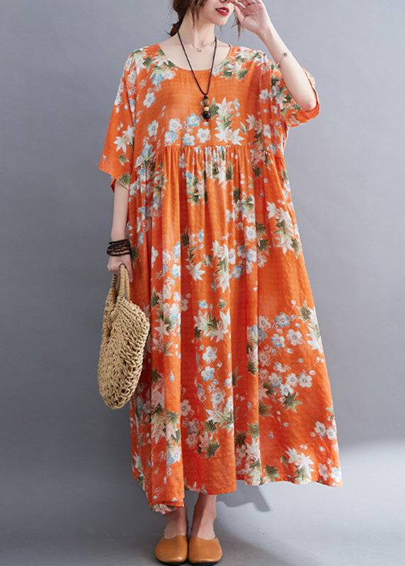 Modern Orange O-Neck Patchwork Wrinkled Cotton Maxi Dress Half Sleeve