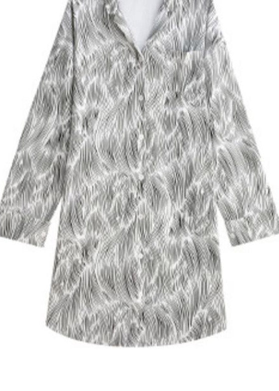 Modern Peter Pan Collar Print Button Cotton Maxi Shirts Dress Spring