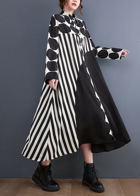 Modern Peter Pan Collar button asymmetrical design Print Shirt Dresses Long Sleeve