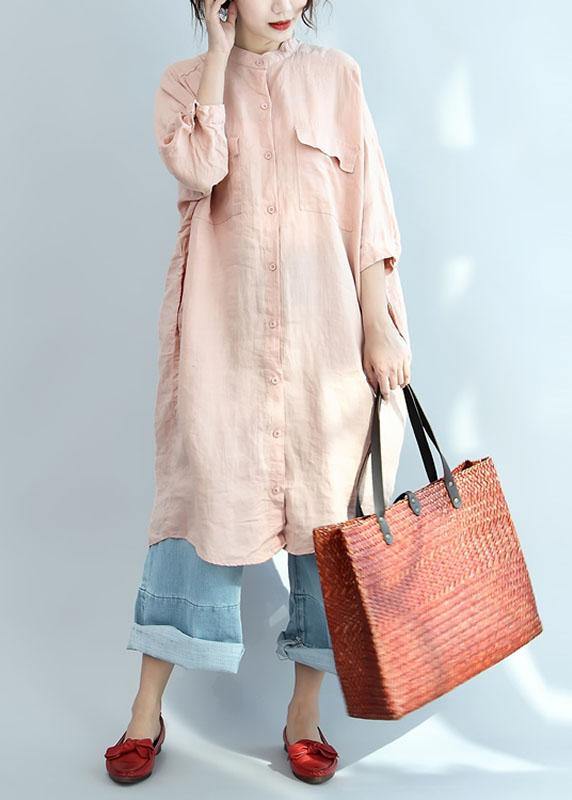 Modern Pink Asymmetrical Design Pockets Button Fall Three Quarter Sleeve Blouse Tops - Omychic