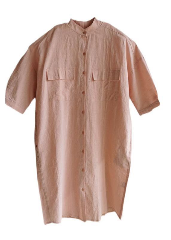 Modern Pink Asymmetrical Design Pockets Button Fall Three Quarter Sleeve Blouse Tops - Omychic