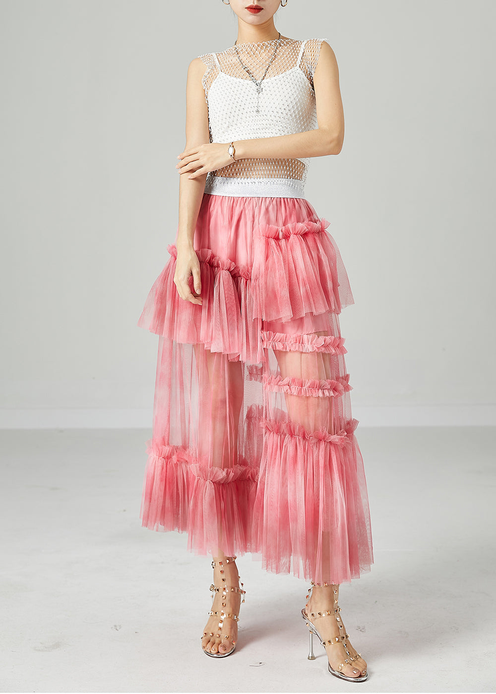 Modern Pink Elastic Waist Patchwork Hollow Out Tulle Skirt Summer