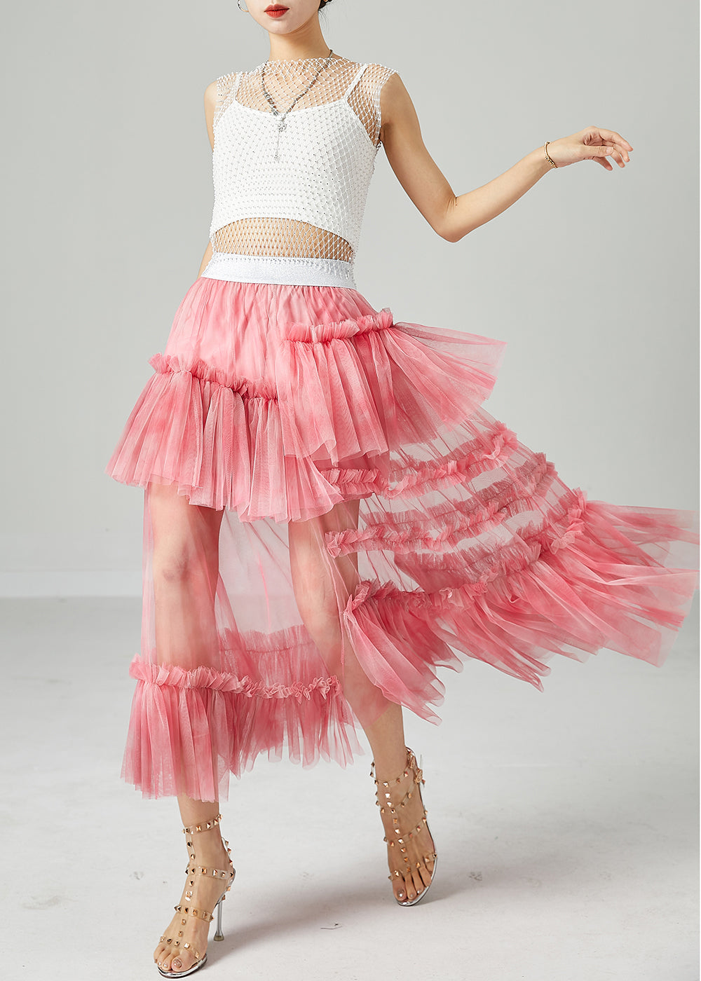 Modern Pink Elastic Waist Patchwork Hollow Out Tulle Skirt Summer