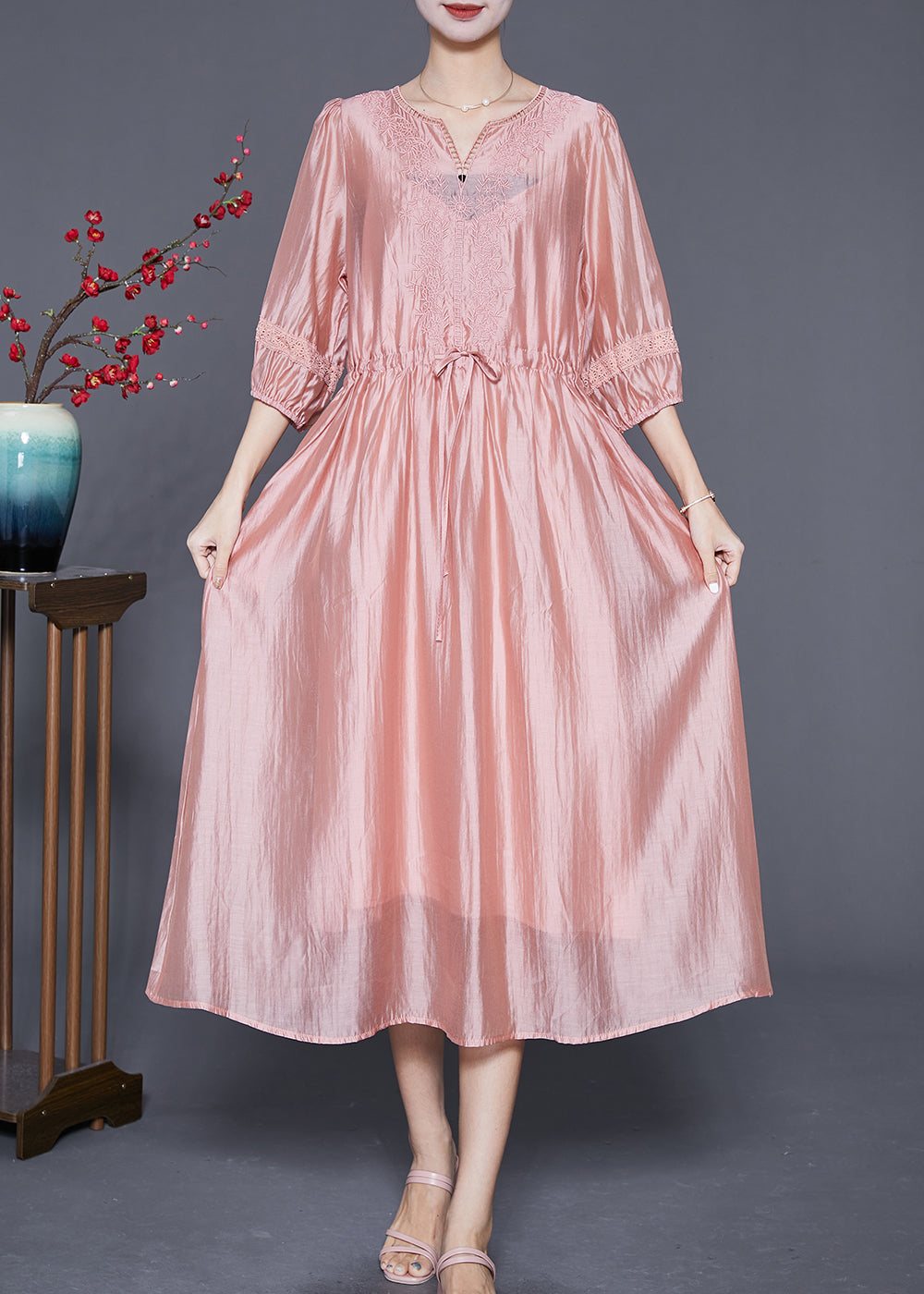 Modern Pink Embroideried Cinched Silk Holiday Dress Summer