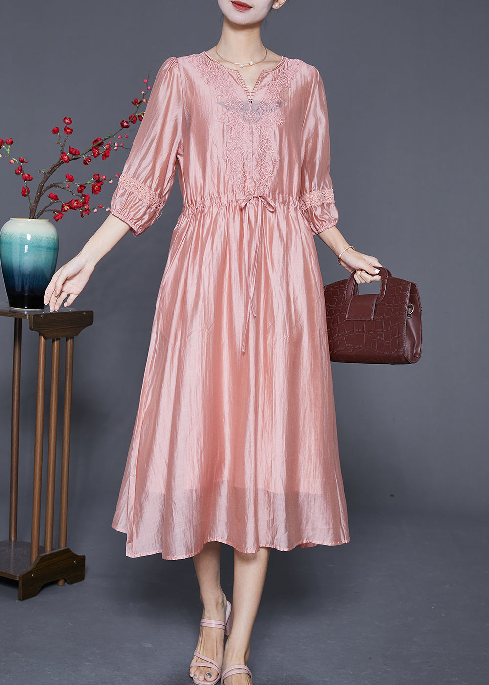 Modern Pink Embroideried Cinched Silk Holiday Dress Summer