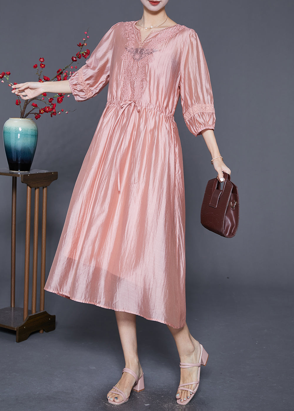 Modern Pink Embroideried Cinched Silk Holiday Dress Summer