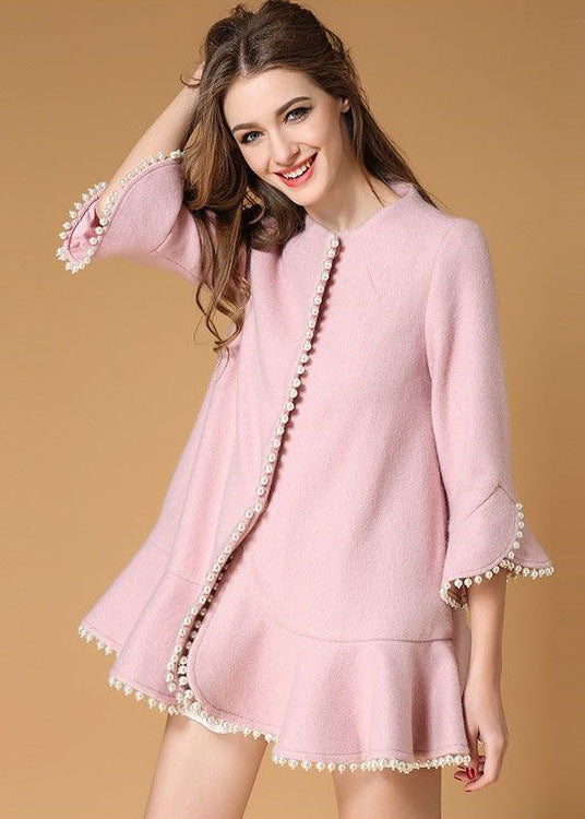 Modern Pink Nail bead Ruffles Woolen Coats Spring