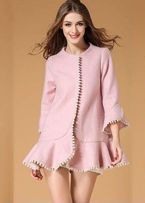 Modern Pink Nail bead Ruffles Woolen Coats Spring