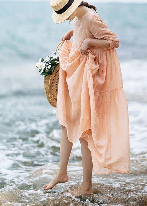 Modern Pink Patchwork Linen asymmetrical design Summer Ankle Dress - Omychic