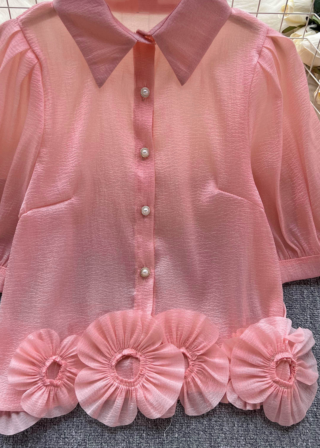 Modern Pink Peter Pan Collar Floral Patchwork Chiffon Shirts Top Summer