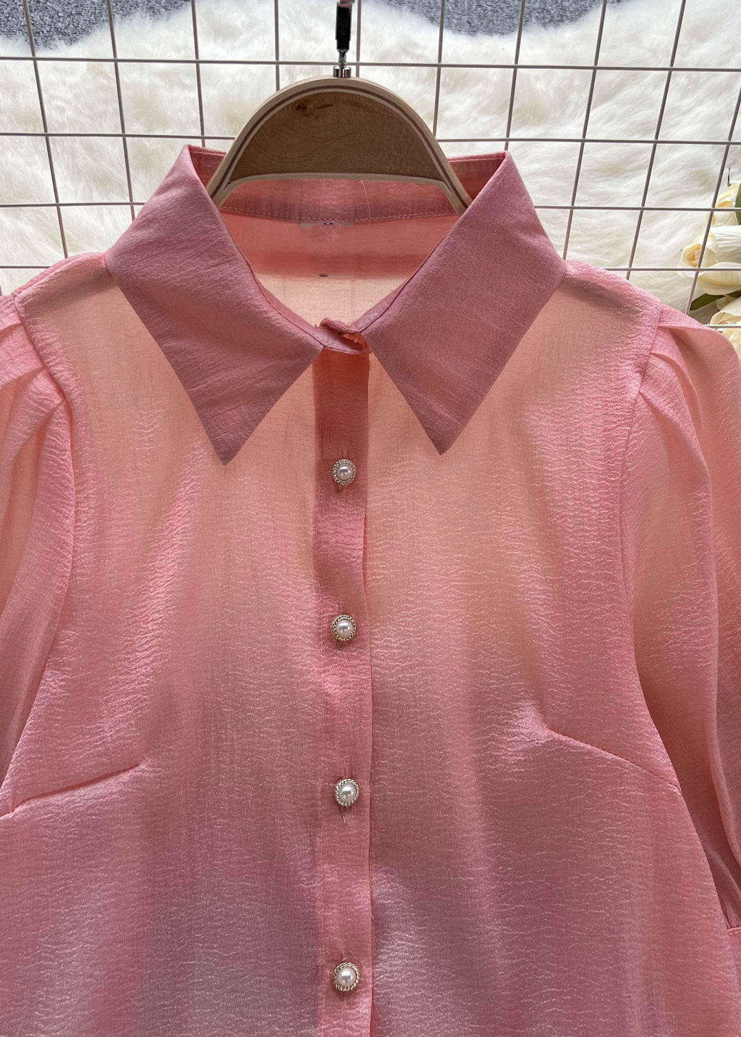 Modern Pink Peter Pan Collar Floral Patchwork Chiffon Shirts Top Summer