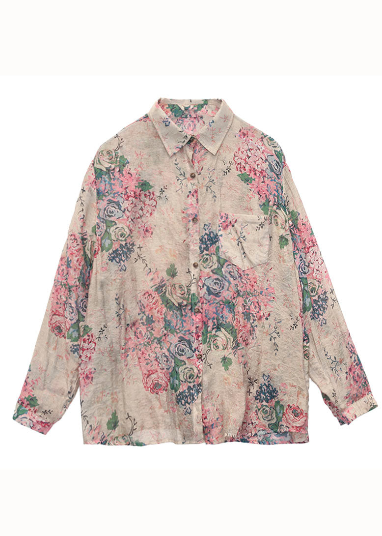 Modern Pink Peter Pan Collar Print Patchwork Linen Tops