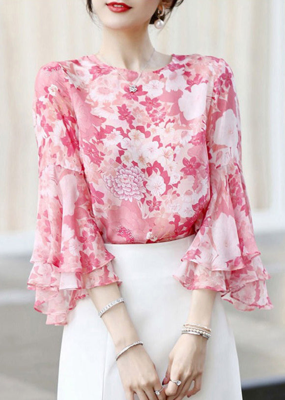Modern Pink Print Chiffon Shirts Tops Flare Sleeve
