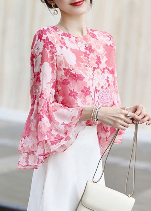 Modern Pink Print Chiffon Shirts Tops Flare Sleeve