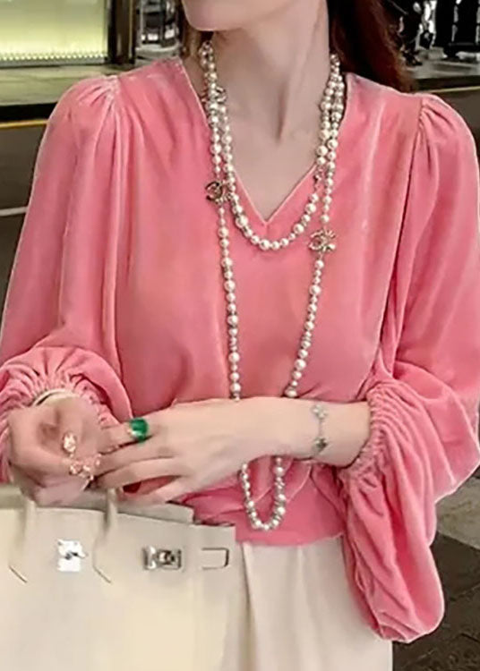 Modern Pink V Neck Patchwork Wrinkled Velour Shirt Tops Spring