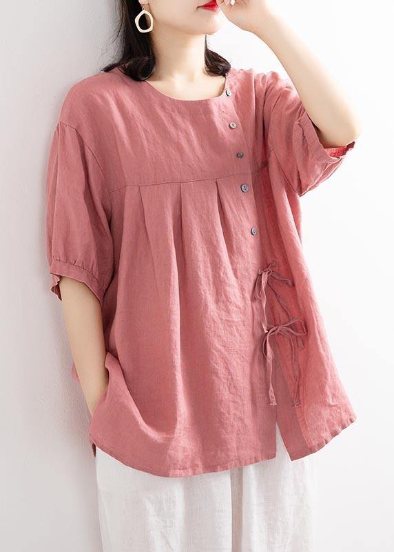 Modern Pink tie Cotton Linen Blouses Summer - Omychic