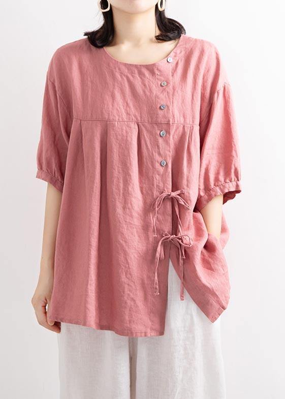 Modern Pink tie Cotton Linen Blouses Summer - Omychic