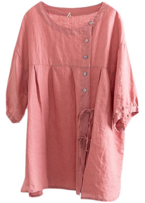 Modern Pink tie Cotton Linen Blouses Summer - Omychic