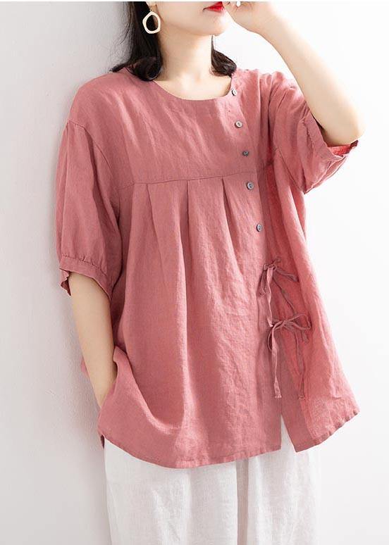 Modern Pink tie Cotton Linen Blouses Summer - Omychic