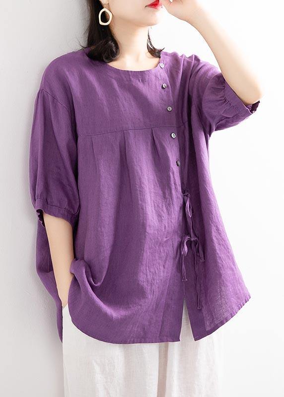 Modern Purple Button Cotton Linen Blouses Summer - Omychic