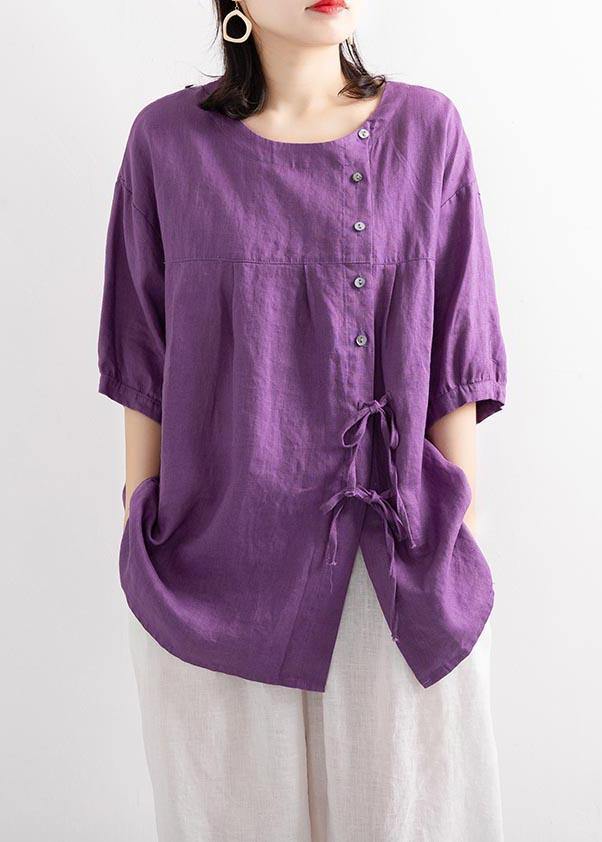 Modern Purple Button Cotton Linen Blouses Summer - Omychic
