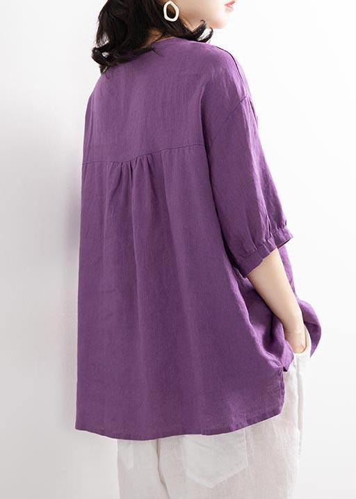 Modern Purple Button Cotton Linen Blouses Summer - Omychic