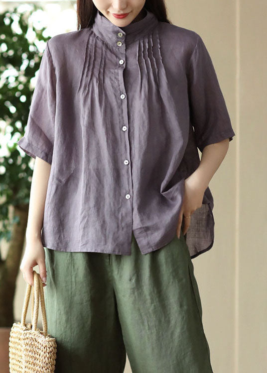 Modern Purple Button Wrinkled Patchwork Linen Shirts Summer